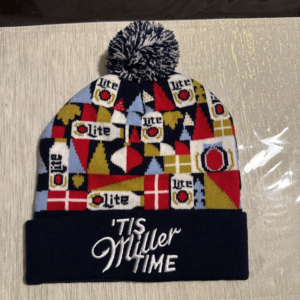 Miller Lite Beer Soft Winter Snowflake Pom-Pom Knit Hat Beanie